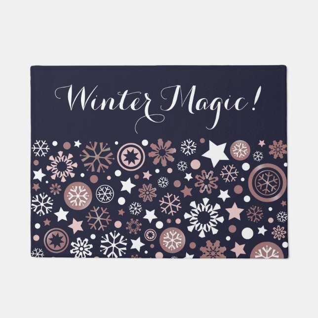 Dunkelblaue Wintermagie rosa metallische Schneeflo Fußmatte (Vorderseite)