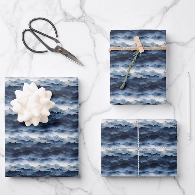 Dunkelblauer Berg Landschaft Geschenkpapier Set (Vorderseite)
