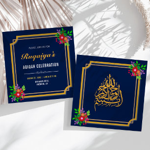 Dunkelblauer Blumenrahmen Baby Mädchen Aqiqah Einladung