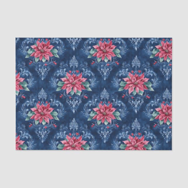 Dunkelblauer Damast mit roten Weihnachtssternblume Seidenpapier (Vorderseite)