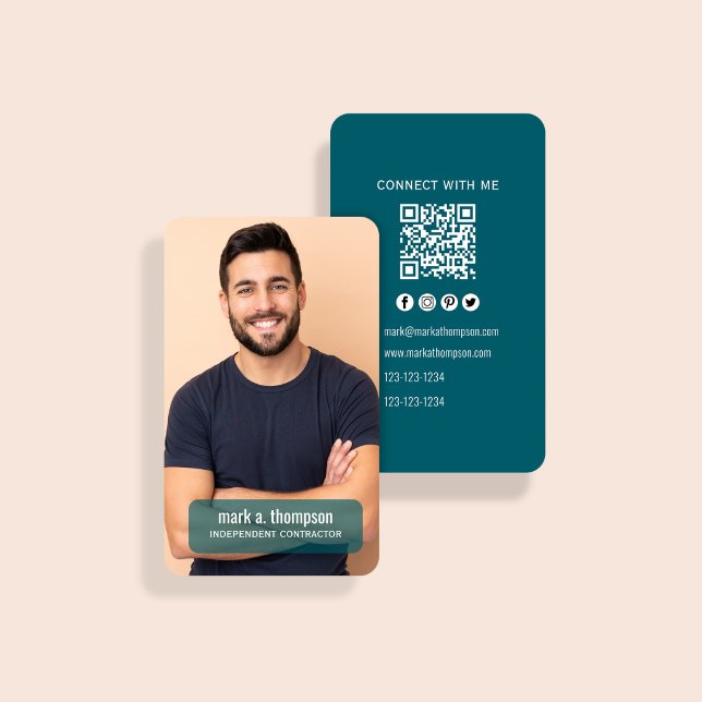 Dunkelblauer Foto-QR-Code: Verbinde dich mit mir Visitenkarte (Dark teal photo card with QR code and minimalist connect with me design)