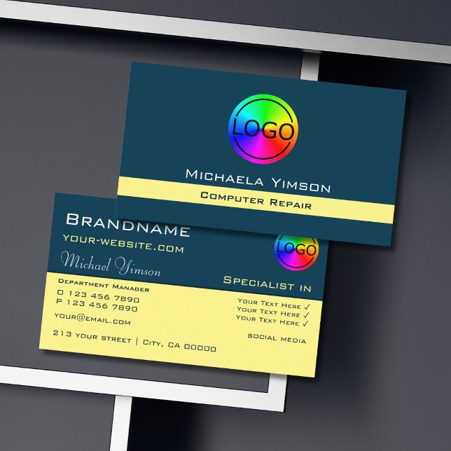 Dunkelblauer hellgelber Chic mit Beruflichem Logo Visitenkarte (Von Creator hochgeladen)