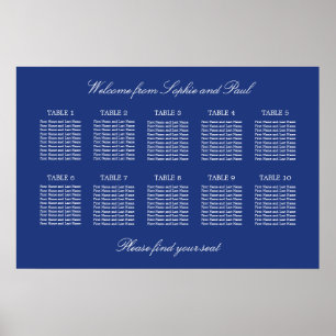 Dunkelblauer Hochzeits-Sitzplanposter für 10 Tisch Poster