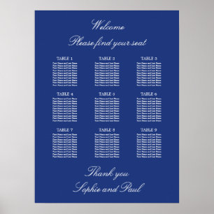 Dunkelblauer Hochzeitssitzplan Poster mit 9 Tische