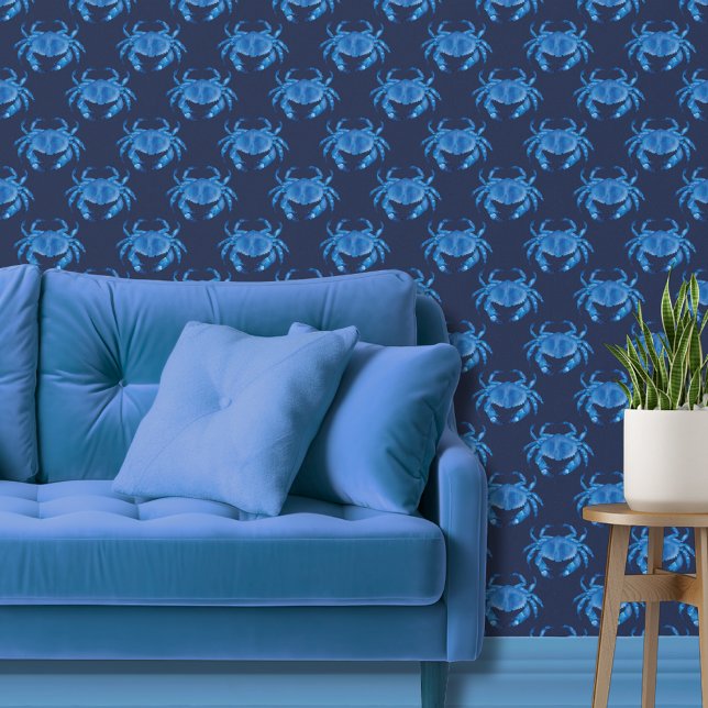 Dunkelblauer Krabbenstrand Tapete (Blue crab coastal chic wallpaper)
