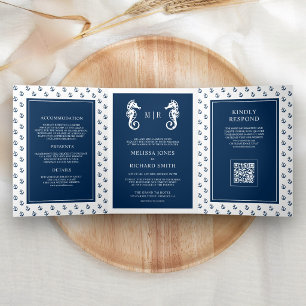 Dunkelblauer maritimer Anker-Seepferdchen-QR-Code- Dreifach Gefaltete Einladung