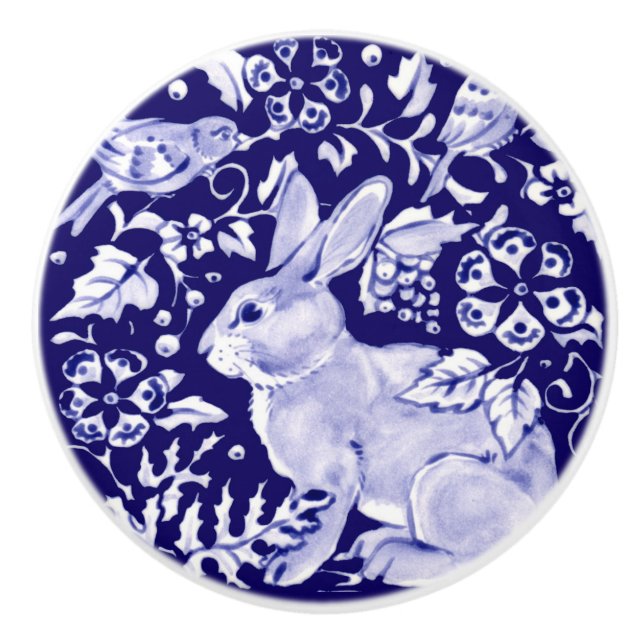Dunkelblauer Rabbit Bunny Woodland Faces L Cobalt Keramikknauf (Vorderseite)