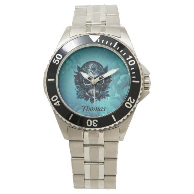 Dunkelblauer Schädel mit Rose. Armbanduhr (Vorderseite)