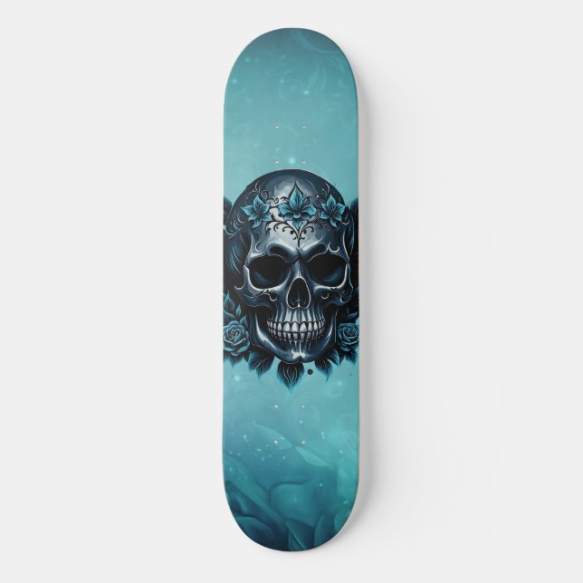 Dunkelblauer Schädel mit Rose. Skateboard (Vorderseite)