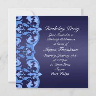 Dunkelblauer Swirl Damask Geburtstag Einladung