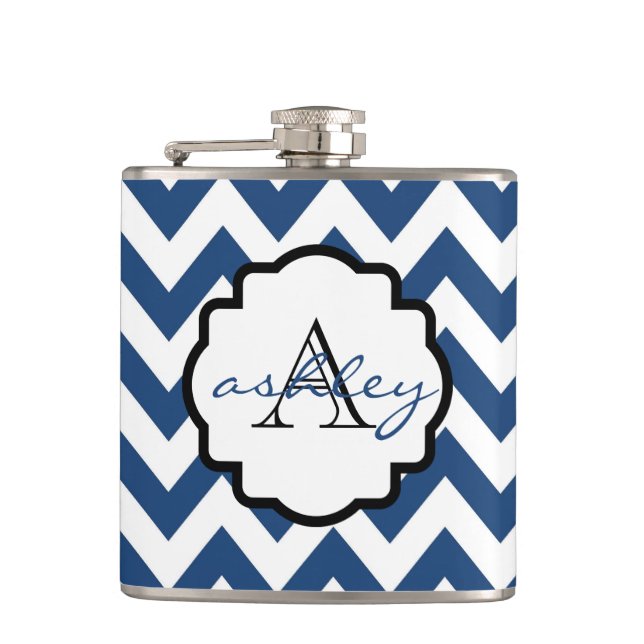 Dunkelblauer und weißer Monogramm-Kolben Flachmann (Vorderseite)