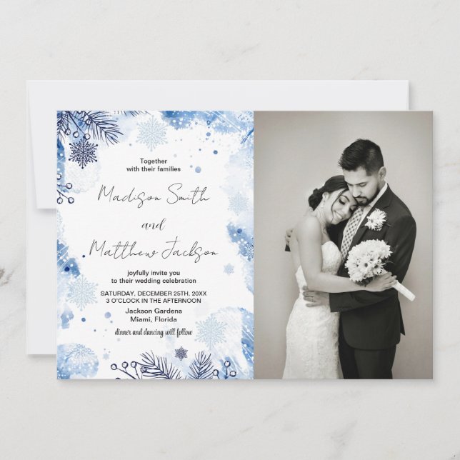 Dunkelblauer Winter Hochzeitseinladungen mit Foto Einladung (Vorderseite)