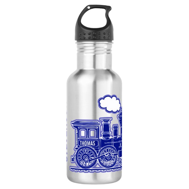 Dunkelblauer Zugkinderjungen-vollständiger Name Trinkflasche (Vorderseite)
