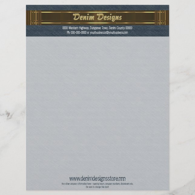 Dunkelblaues Denim mit Braun- und Goldfarben Briefkopf (Vorderseite)