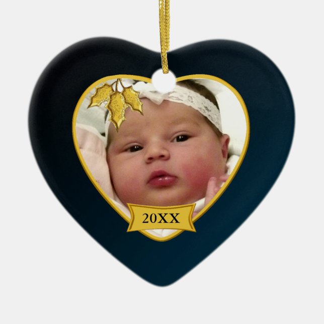 Dunkelblaues Foto des Babys 1. Weihnachts Keramikornament (Vorne)