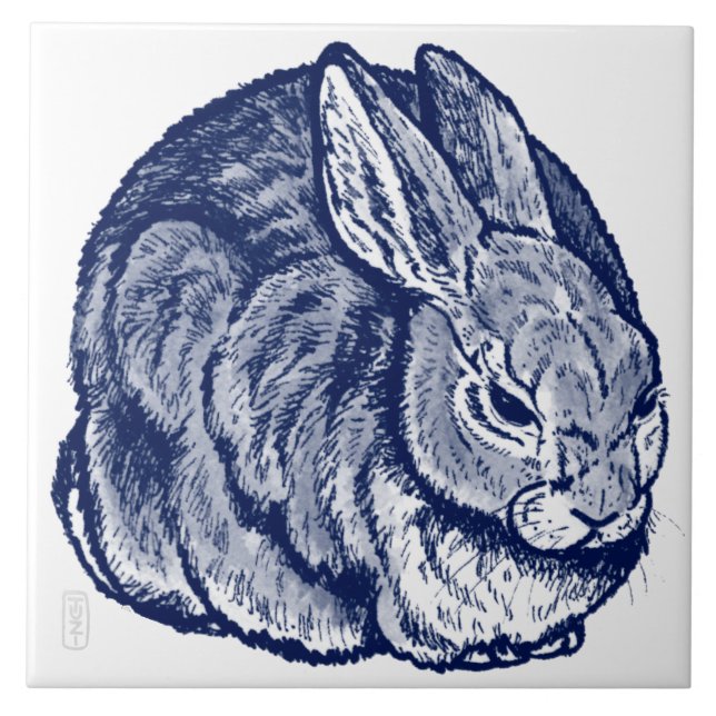  Dunkelblaues Kaninchen Zeichnend Kunsttrivet Fliese (Vorderseite)