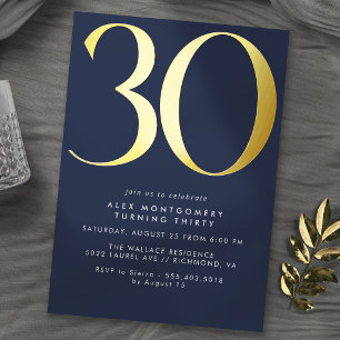 Dunkelblaues Navy und Gold Moderne 30. Geburtsta Folieneinladung