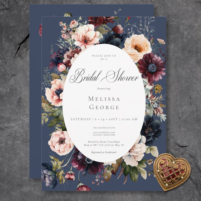 Dunkelblaues Oval-Blumenrahmen-Brautparty Einladung (Dark Blue Oval Floral Frame Bridal Shower Invitation)