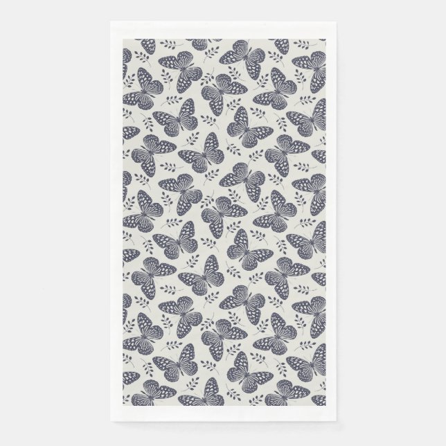 Dunkelblaues Schmetterlingsmuster auf grauem Hinte Serviette (Vorderseite)