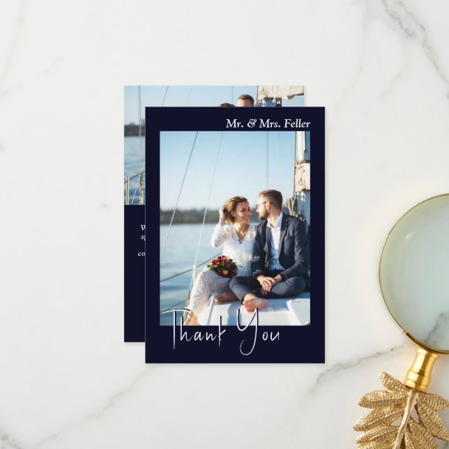 Dunkelblaues Schwarzes Foto Hochzeit Danke Karte (Vorderseite/Rückseite Beispiel)