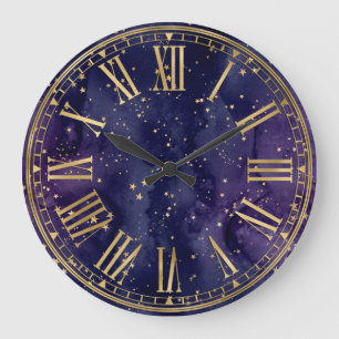 Dunkelblaues und goldenes Sternen-Fantasy-Zauberei Große Wanduhr