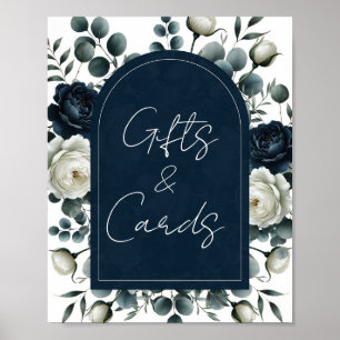 Dunkelblaues und weißes Blumengeschenke- und Karte Poster