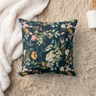 Dunkelblaues Vintage-Gartenblumenmuster Kissen