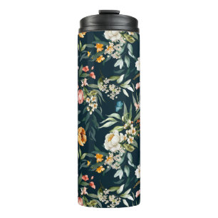 Dunkelblaues Vintage-Gartenblumenmuster Thermosbecher