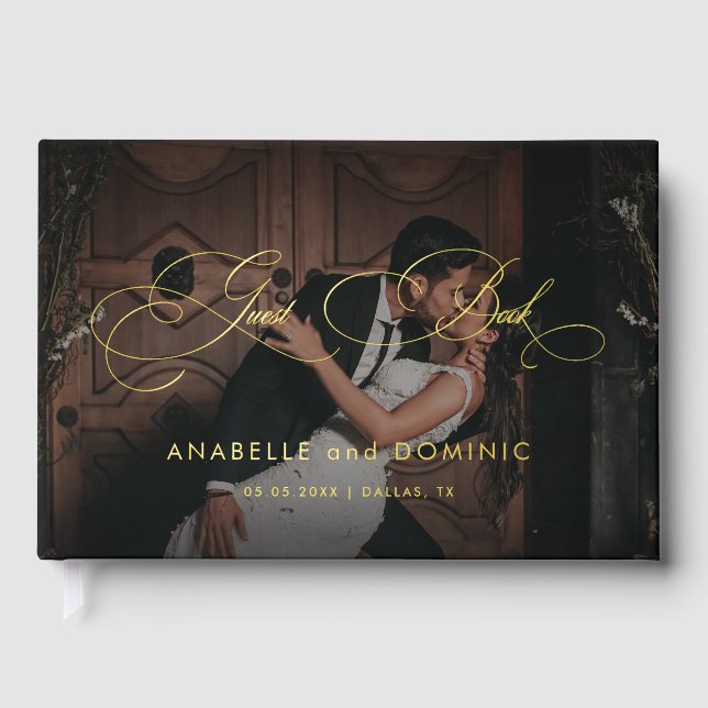 Dunkelblende Foto Kalligrafie Elegante Hochzeit Gästebuch (Vorderseite)