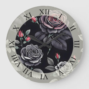 Dunkelblush-Rose Blumendesign Große Wanduhr