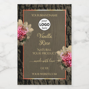 Dunkelbraune Holzkörner mit rosa Rosa-Produktlogo Lebensmitteletikett