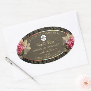 Dunkelbraune Holzkörner mit rosa Rosa-Produktlogo Ovaler Aufkleber