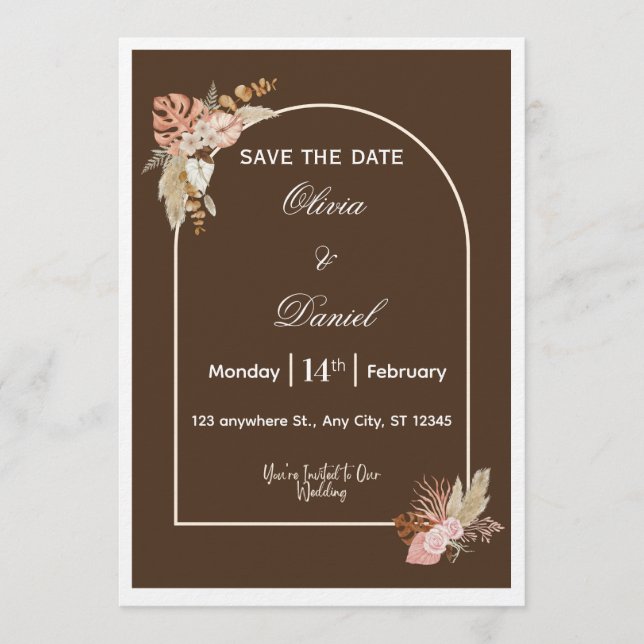 Dunkelbraune minimalistische Boho-Hochzeitseinladu Einladung (Vorderseite)
