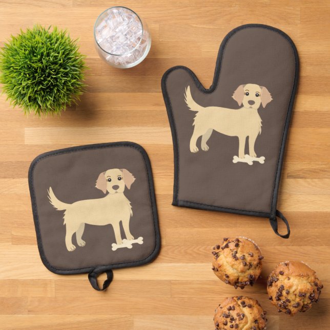 Dunkelbraune Ofenhalterung mit Gelbe Labrador Ofenhandschuh & Topflappen-Set (Oben Unten)