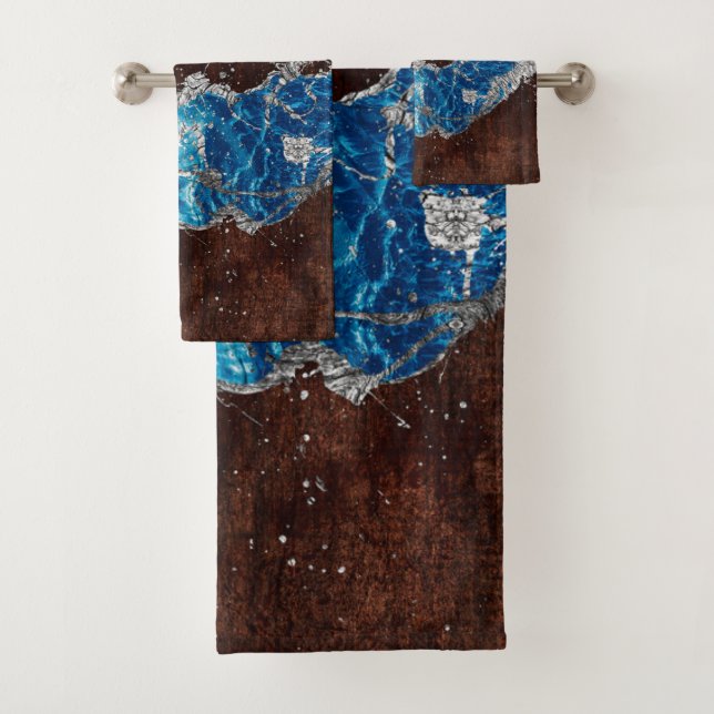 Dunkelbraunes Holz und blaue Abstrakte digitale Ku Badhandtuch Set (Insitu)
