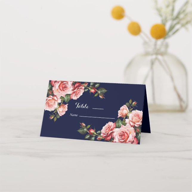 Dunkelbraunes Rosa und marineblaue rote Rosen Platzkarte (Vorderseite)