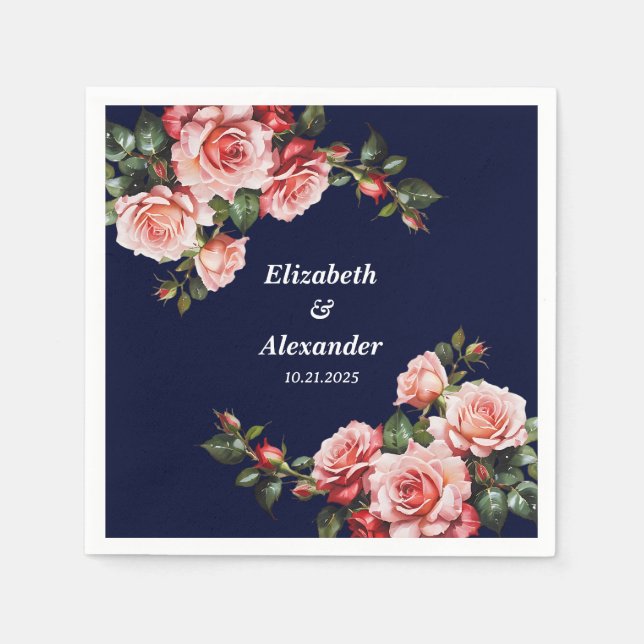 Dunkelbraunes Rosa und marineblaue rote Rosen Serviette (Vorderseite)