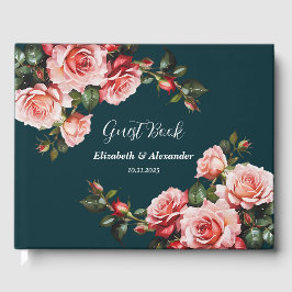 Dunkelbraunes Rosa und rote Rosen aquamarine Hochz Gästebuch