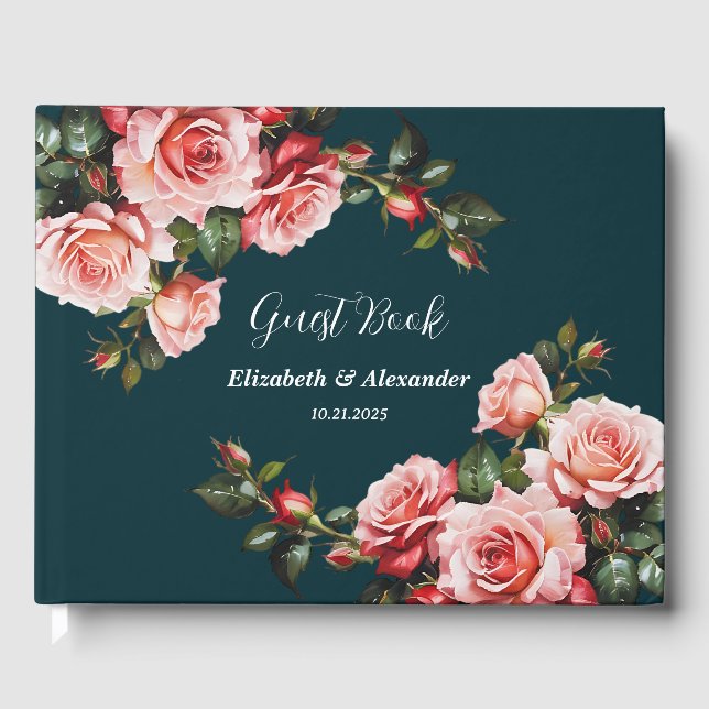 Dunkelbraunes Rosa und rote Rosen aquamarine Hochz Gästebuch (Vorderseite)