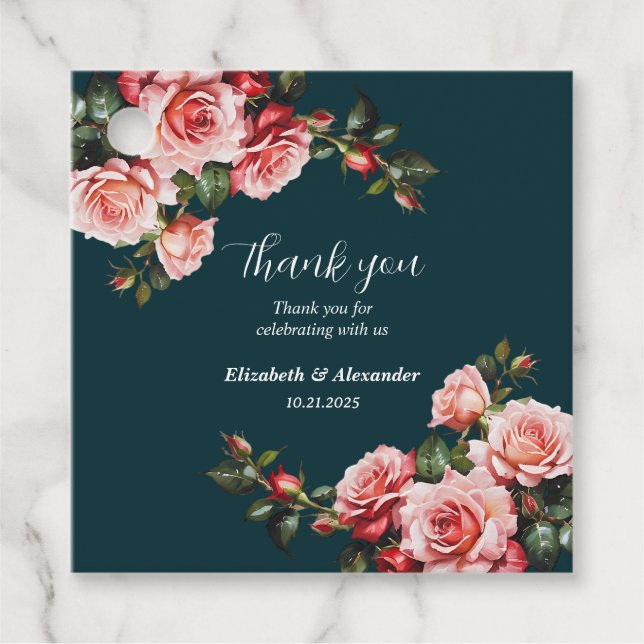 Dunkelbraunes Rosa und rote Rosen aquamarine Hochz Geschenkanhänger (Vorderseite)