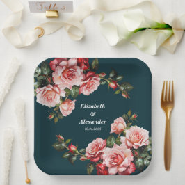 Dunkelbraunes Rosa und rote Rosen aquamarine Hochz Pappteller