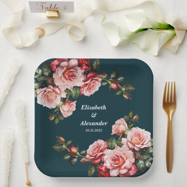 Dunkelbraunes Rosa und rote Rosen aquamarine Hochz Pappteller (Hochzeit)