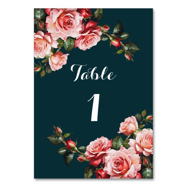 Dunkelbraunes Rosa und rote Rosen aquamarine Hochz Tischnummer (Vorderseite)