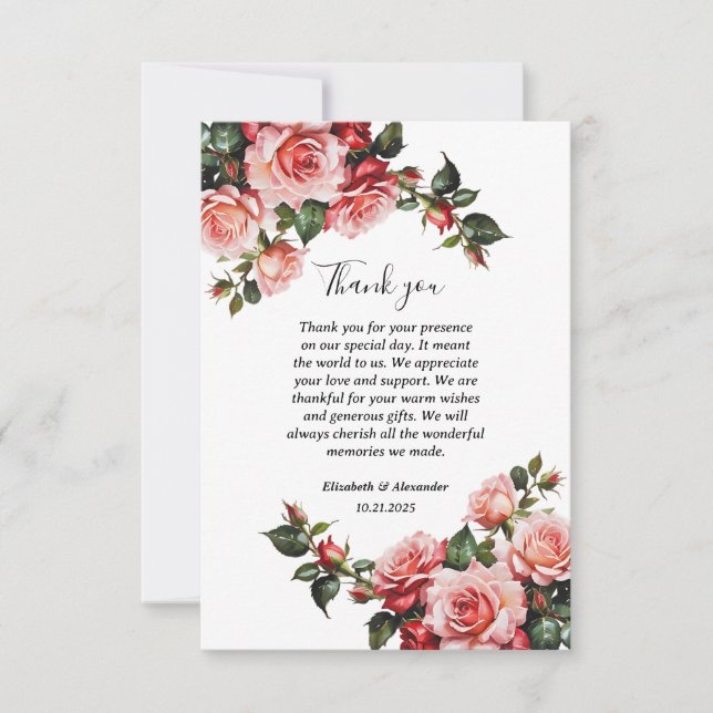 Dunkelbraunes Rosa und rote Rosen Hochzeit Dankeskarte (Vorderseite)