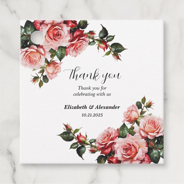 Dunkelbraunes Rosa und rote Rosen Hochzeit Geschenkanhänger (Vorderseite)