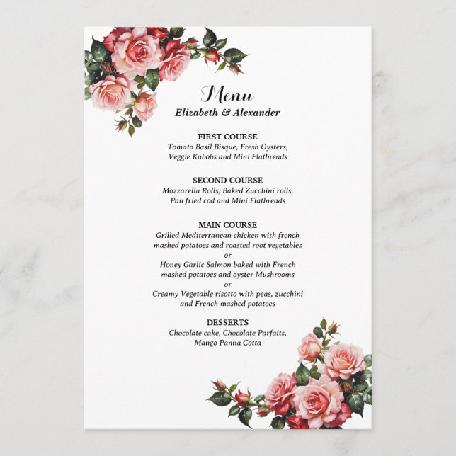 Dunkelbraunes Rosa und rote Rosen Hochzeit Menükarte (Vorderseite)