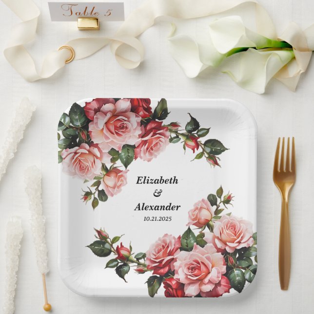 Dunkelbraunes Rosa und rote Rosen Hochzeit Pappteller (Hochzeit)