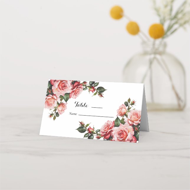 Dunkelbraunes Rosa und rote Rosen Hochzeit Platzkarte (Vorderseite)