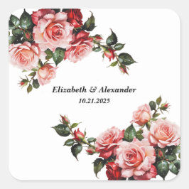 Dunkelbraunes Rosa und rote Rosen Hochzeit Quadratischer Aufkleber