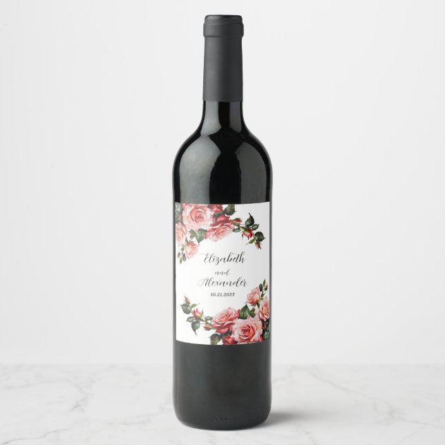 Dunkelbraunes Rosa und rote Rosen Hochzeit Weinetikett (Vorderseite)